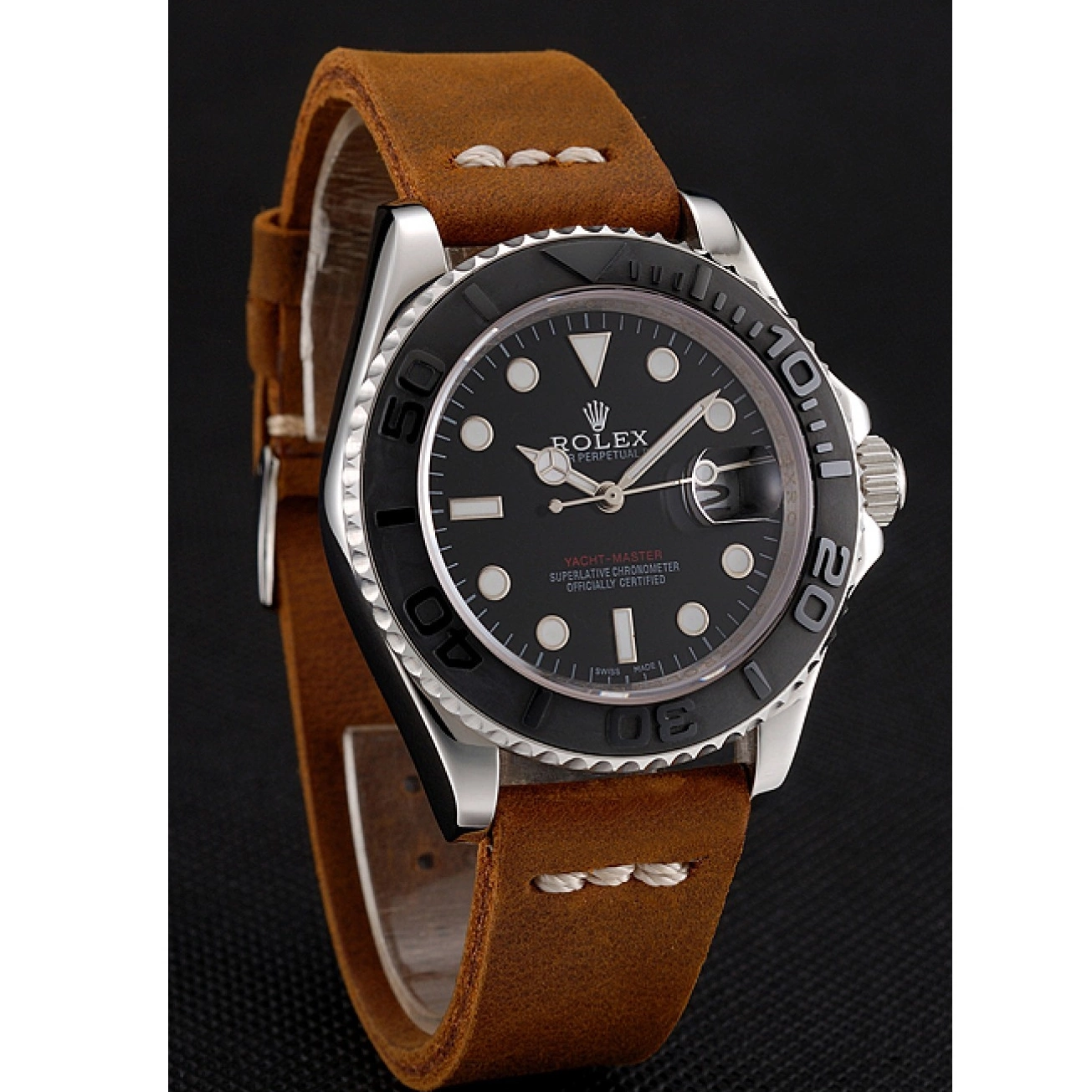 Best AAA Replica Sites Brown Case Leather Master Rolex Yacht Bracelet 1453859 Dial Silver Black 0713